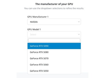 Karty graficzne z serii RTX 50 na stronie kalkulatora mocy Seasonic (Źródło: Seasonic)