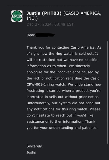 Korespondencja e-mail od Casio America. (Źródło zdjęcia: u/Temporary_Airline_58 via Reddit)