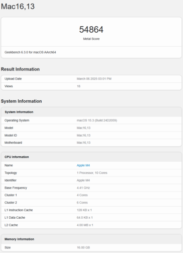 Wynik GPU M4 MacBooka Air w Geekbench (źródło obrazu: Geekbench)