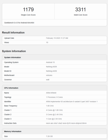 Nic Phone 3a Geekbench listing (źródło obrazu: Geekbench)