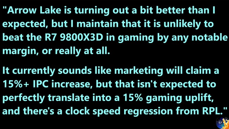 Wyciek danych dotyczących wydajności układów Intel Arrow Lake. (Źródło obrazu: Moore's Law Is Dead na YouTube)