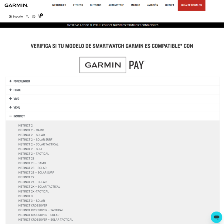 Zrzut ekranu ze strony internetowej Garmin Peru potwierdzający smartwatche Instinct 3 i Instinct 3 Solar. (Źródło zdjęcia: Garmin)
