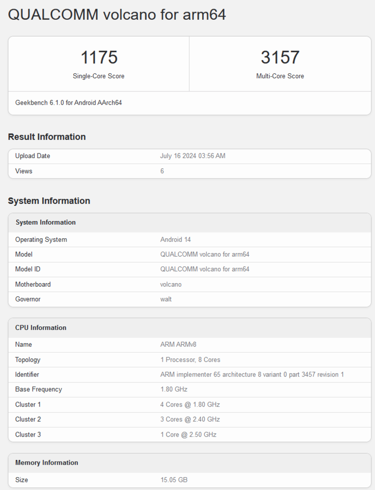 Lista Geekbench dla Snapdragona 7s Gen 3 ujawnia również wyniki testów jedno- i wielordzeniowych, odpowiednio 1157 i 3157. (Źródło: Geekbench)