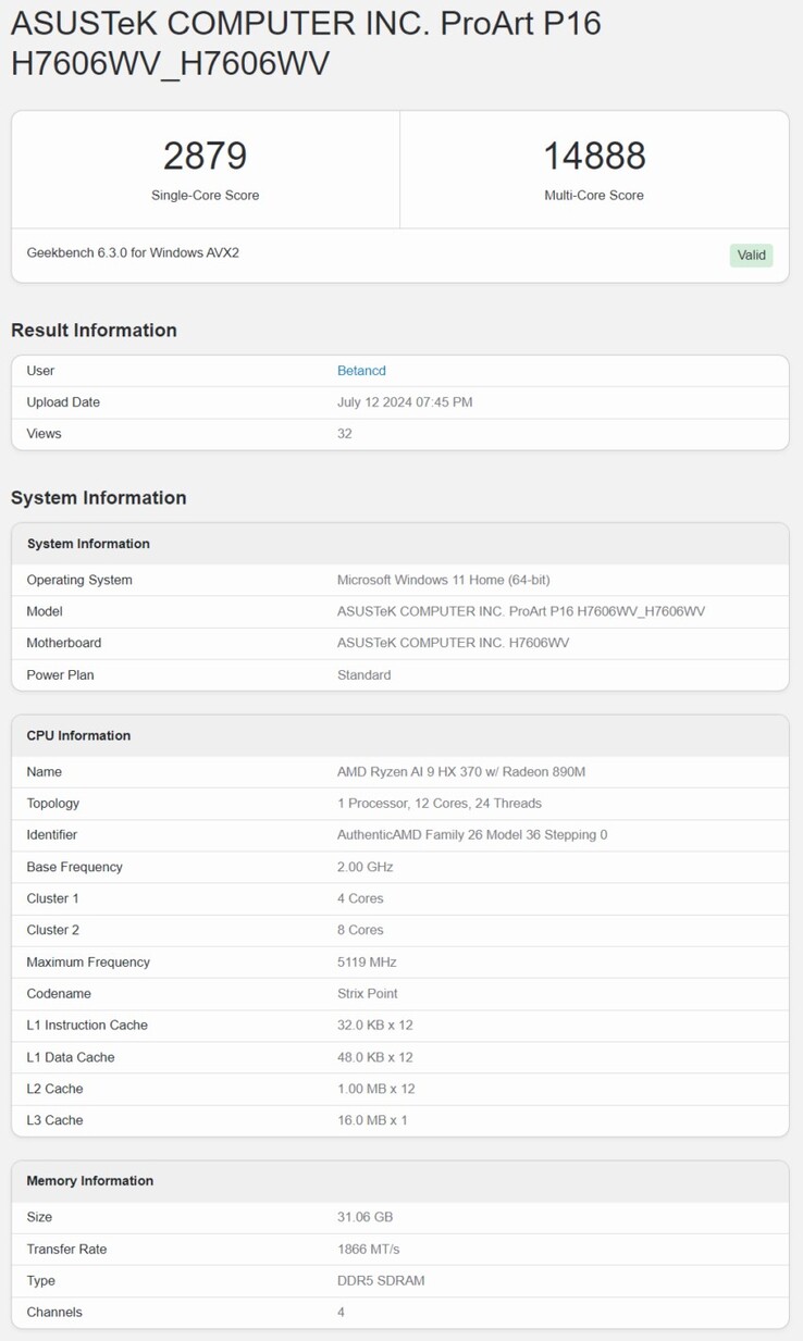 Ryzen AI 9 HX 370 w teście Geekbench 6. (Źródło obrazu: Geekbench)