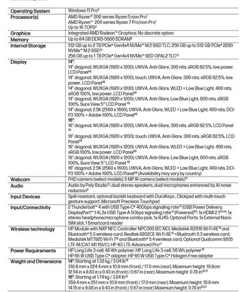 Specyfikacja komputera HP EliteBook 6 G1a AI. (Źródło obrazu: HP)