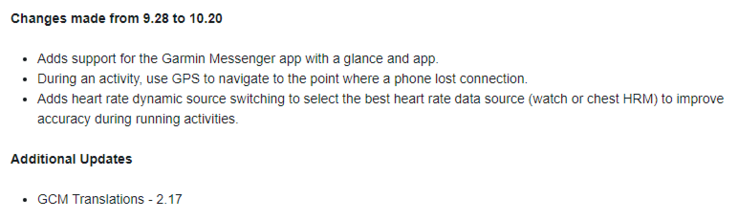Dziennik zmian dla oprogramowania sprzętowego w wersji 10.20. (Źródło obrazu: Garmin)