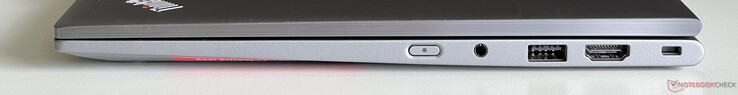 Po prawej: przycisk zasilania, audio 3,5 mm, USB 3.2 Gen 1 (5 Gbit/s), HDMI 2.1, gniazdo Kensington Nano Security