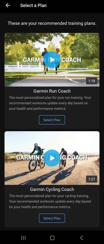 Zrzut ekranu nowych narzędzi Garmin Coach w aplikacji Garmin Connect. (Źródło zdjęcia: Garmin)