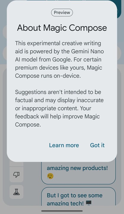 Funkcja Magic Compose w aplikacji Wiadomości Google działająca na modelu Gemini Nano. (Źródło obrazu: Android Authority)