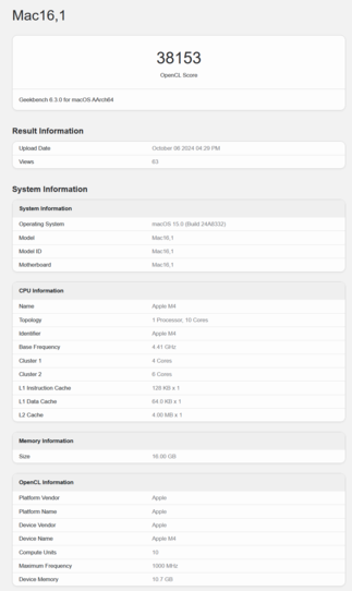 Apple Wydajność GPU M4 (źródło obrazu: Geekbench)