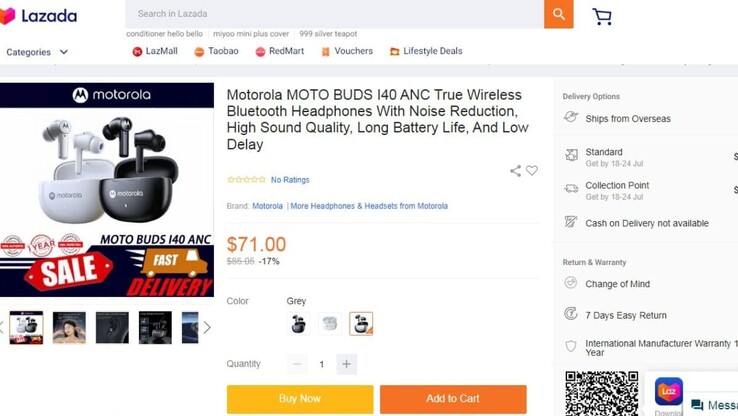 Lista Moto Buds I40 na singapurskiej stronie internetowej Lazada (Źródło: Lazada)