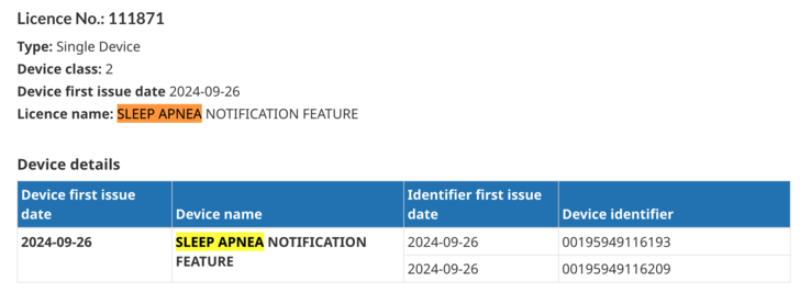 Lista aktywnych licencji integracji funkcji bezdechu sennego na stronie internetowej Health Canada. (Źródło obrazu: Health Canada)