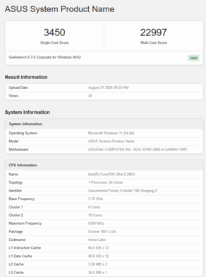 Wynik Intel Core Ultra 9 285K w Geekbench (źródło obrazu: Geekbench)