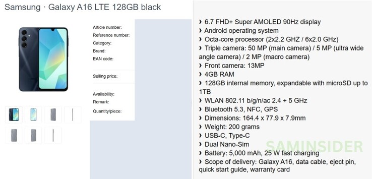 Rzekomo pełna specyfikacja Galaxy A16...