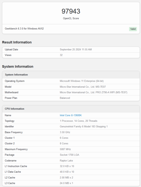 Wydajność GPU Intel Battlemage w Geekbench (źródło obrazu: Geekbench)