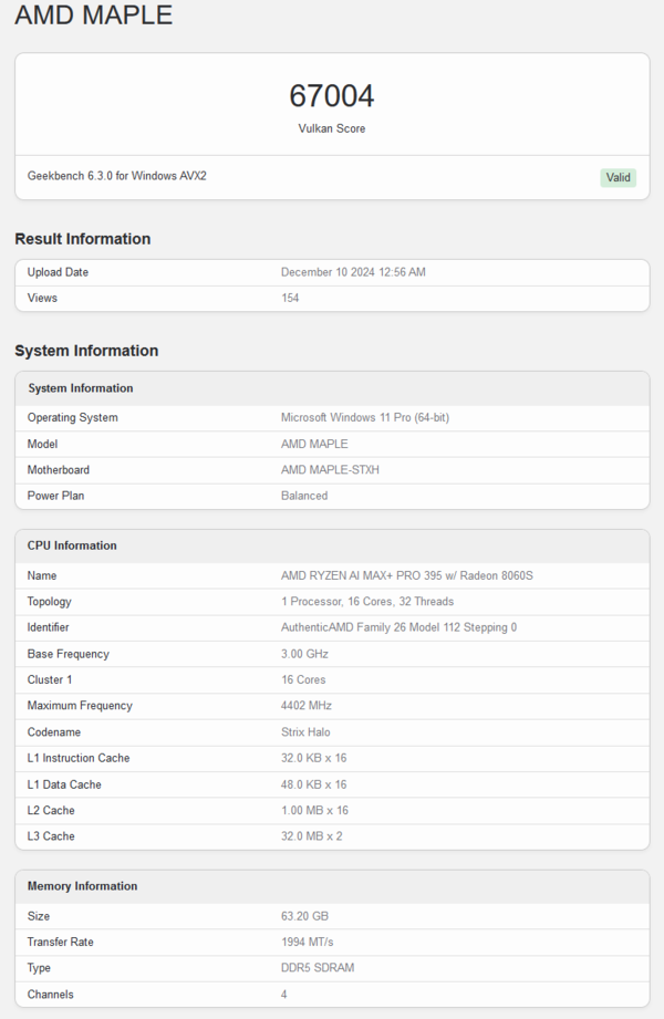 Wynik AMD Ryzen AI Max+ Pro 395 w Geekbench Vulkan (źródło obrazu: Geekbench)