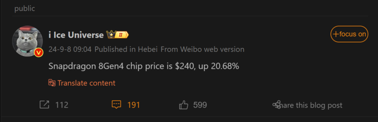 Najnowszy raport Ice Universe na temat Snapdragona 8 Gen 4 (źródło obrazu: Weibo - przetłumaczone maszynowo)