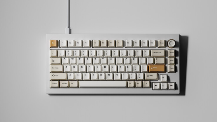 The Lemokey L5 HE 8K gaming keyboard in the Dawn Master colorway (white and brown)...