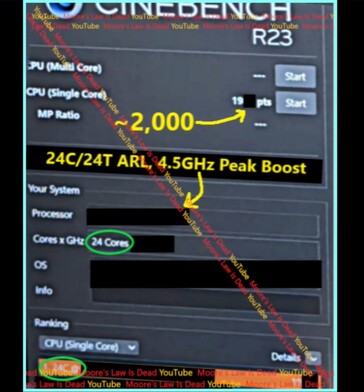 Arrow Lake Single-Core Cinebench R23 (źródło obrazu: Moore's Law Is Dead na YouTube)