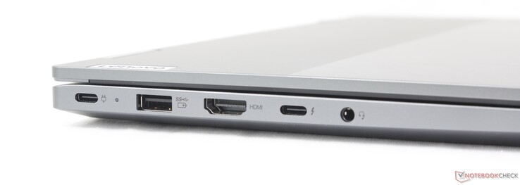 Po lewej: USB-C z PD 3.0 + DisplayPort 1.4 (10 Gb/s), UAB-A (5 Gb/s), HDMI (4K60), USB-C z Thunderbolt 4 + PD + DP 1.4, słuchawki 3,5 mm