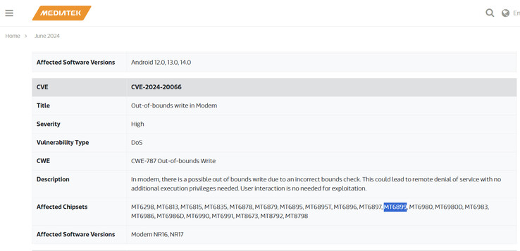 Wzmianka o chipsecie na oficjalnej stronie internetowej (źródło obrazu: MediaTek)