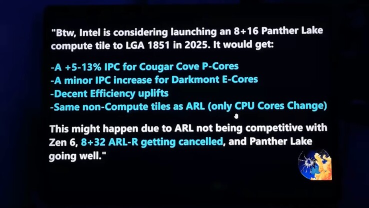 Intel Panther Lake dla komputerów stacjonarnych. (Źródło obrazu: Moore's Law Is Dead na YouTube)