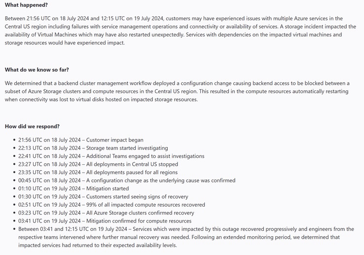 Oś czasu awarii MS Central US Azure spowodowanej złą zmianą konfiguracji. (Źródło obrazu: Microsoft)