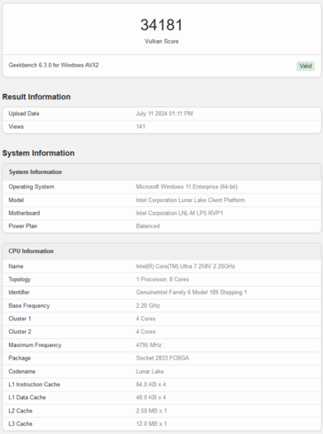 Wynik Intel Arc 140V Vulkan (zdjęcie za pośrednictwem Geekbench)