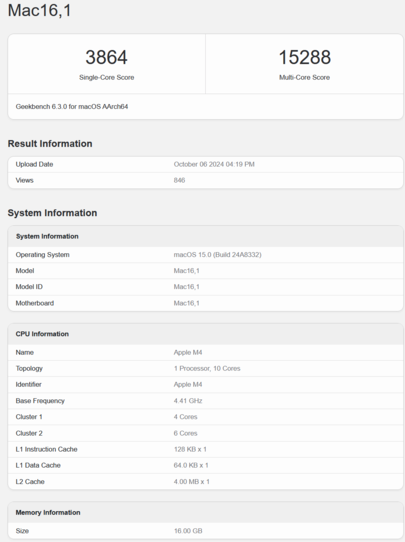 Apple Wydajność procesora M4 (źródło obrazu: Geekbench)