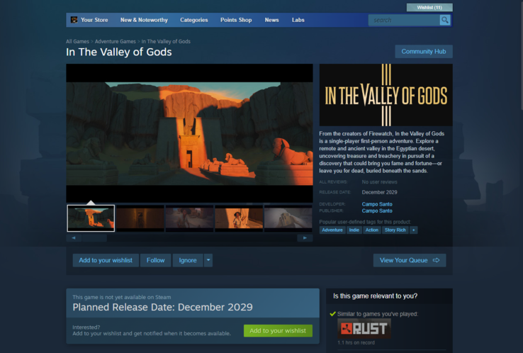 wstępna data premiery gry "In the Valley of Gods" na platformie Steam to grudzień 2029 roku. (Źródło obrazu: Steam)