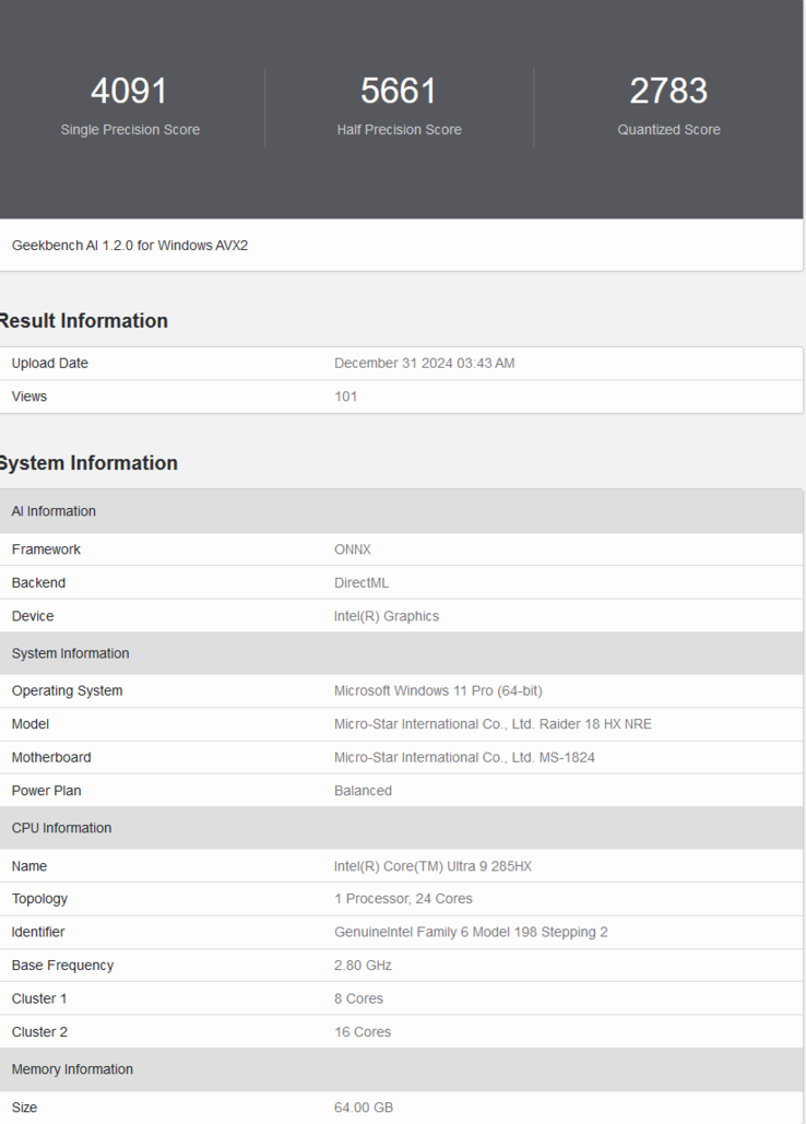 MSI Raider 18 HX Geekbench AI listing (źródło obrazu: Geekbench)