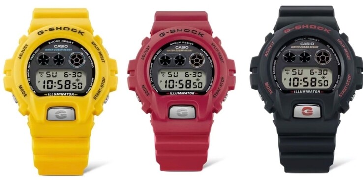 Seria Casio G-Shock DW-6900 w kolorze żółtym (DW-6900TR-9), czerwonym (DW-6900TR-4) i czarnym (DW-6900TR-1).