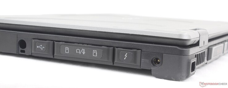 Po prawej stronie: Gniazdo baterii/rozszerzenia, rysik (opcjonalnie dla ekranów dotykowych), USB-A 3.2 Gen. 1, Mini-SIM (opcjonalnie), zestaw słuchawkowy 3,5 mm, czytnik MicroSD, USB-C Thunderbolt 4 z zasilaniem + DisplayPort, port zasilacza sieciowego