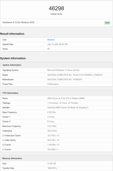 Wynik AMD Radeon 890M w Geekbench Vulkan (zdjęcie za pośrednictwem Geekbench)