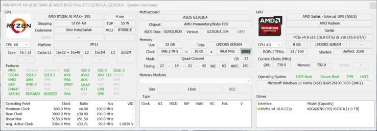 HWiNFO Asus ROG Flow Z13 z procesorem Ryzen AI Max+ 395