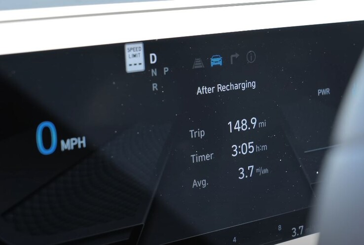 Pod koniec podróży Ioniq 5 spadł do 46% i wskazał wydajność 3,7 mil/kWh. (Źródło zdjęcia: TFLEV via YouTube)