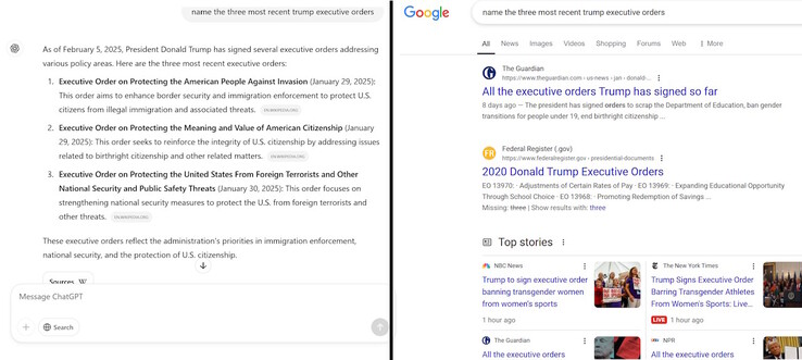 ChatGPT (po lewej) odpowiada na pytania z właściwą odpowiedzią, a nie listą wyników wyszukiwania, jak Google (po prawej). (Źródło obrazu: Notebookcheck.net)