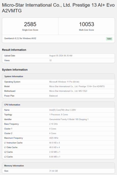 Wynik Core Ultra 6 228V w Geekbench (źródło obrazu: Geekbench)