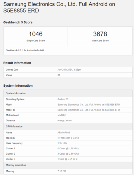 Wynik Exynos 1580 w Geekbench 5.5 (źródło obrazu: Geekbench)