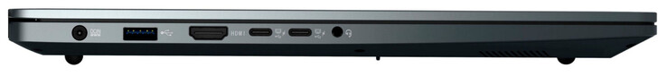 Lewa strona: złącze zasilania, USB 3.2 Gen 1 (USB-A), HDMI, 2x USB 3.2 Gen 1 (USB-C; Power Delivery, DP Alt-Mode), audio combo