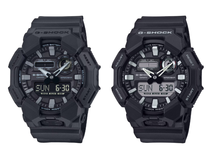 Zegarek Casio G-Shock GA-010-1A1JF (po lewej) w porównaniu z zegarkiem Casio G-Shock GA-010-1A (po prawej). (Źródło zdjęcia: Casio)