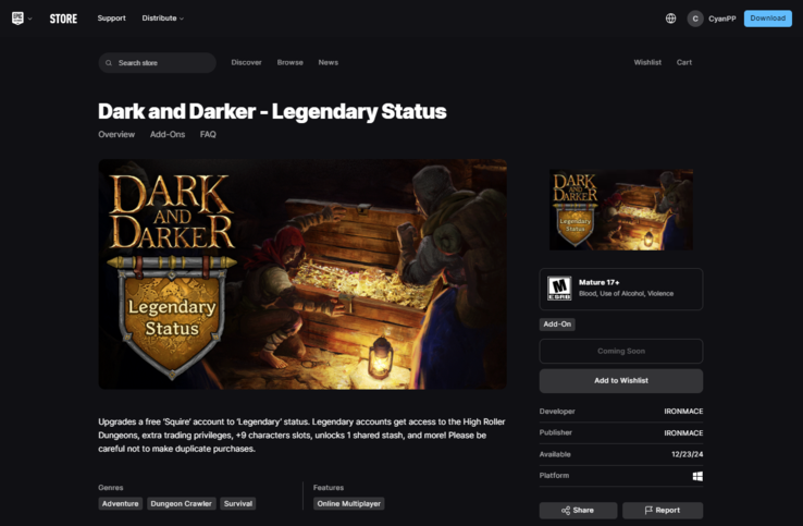 Dark and Darker - Legendary Status ma obecnie status "Coming Soon" w Epic Games Store. (Źródło obrazu: Epic Games)