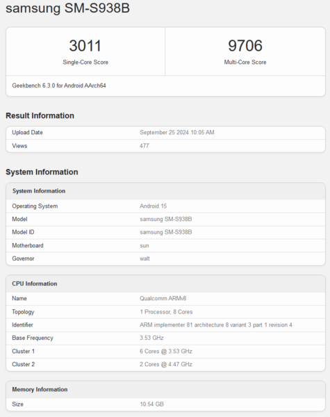 Snapdragon 8 Gen 4 dla Galaxy nowy wpis Geekbench (źródło obrazu: Geekbench)