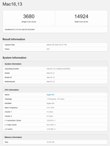 Wynik procesora M4 MacBooka Air w Geekbench (źródło obrazu: Geekbench)