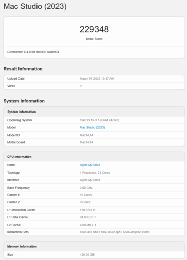 Apple M2 Ultra Geekbench GPU Metal score (wynik graficzny Geekbench)