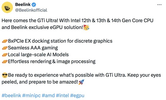 Nadchodzący GTi Ultra firmy Beelink będzie wyposażony w procesory Intela 12, 13 i 14 generacji. (Źródło: Beelink na Twitterze)