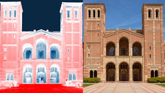 Zdjęcie termowizyjne Royce Hall w UCLA. Przejście od białego do bladoczerwonego koloru pokazuje ciepło pochłaniane z ziemi (czerwony). Nadmiar ciepła promieniuje do zimnego nieba, przedstawionego na niebiesko. (Źródło zdjęcia: Raman Lab/UCLA)