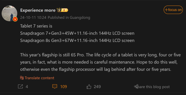 raport 体验more na temat serii Xiaomi Pad 7 (źródło obrazu: Weibo - tłumaczenie maszynowe)