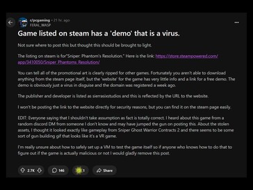 Zainfekowane demo Steam na Reddicie (źródło obrazu: zrzut ekranu, subreddit PC Gaming)