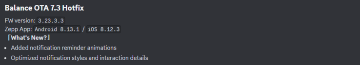 Informacje o wydaniu poprawki Amazfit Balance OTA 7.3. (Źródło obrazu: Zepp Health via Discord)